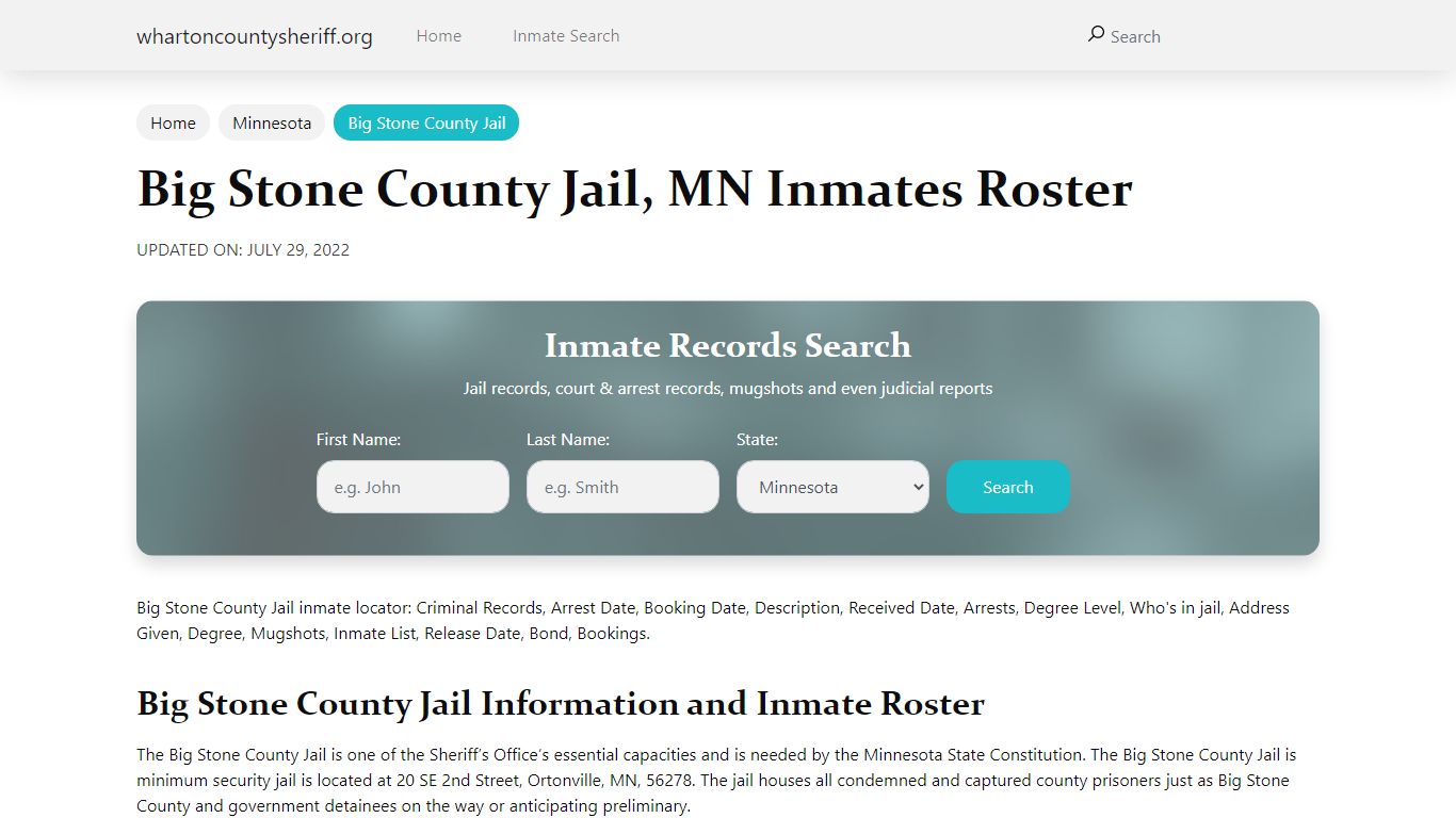 Big Stone County Jail, MN Jail Roster, Name Search